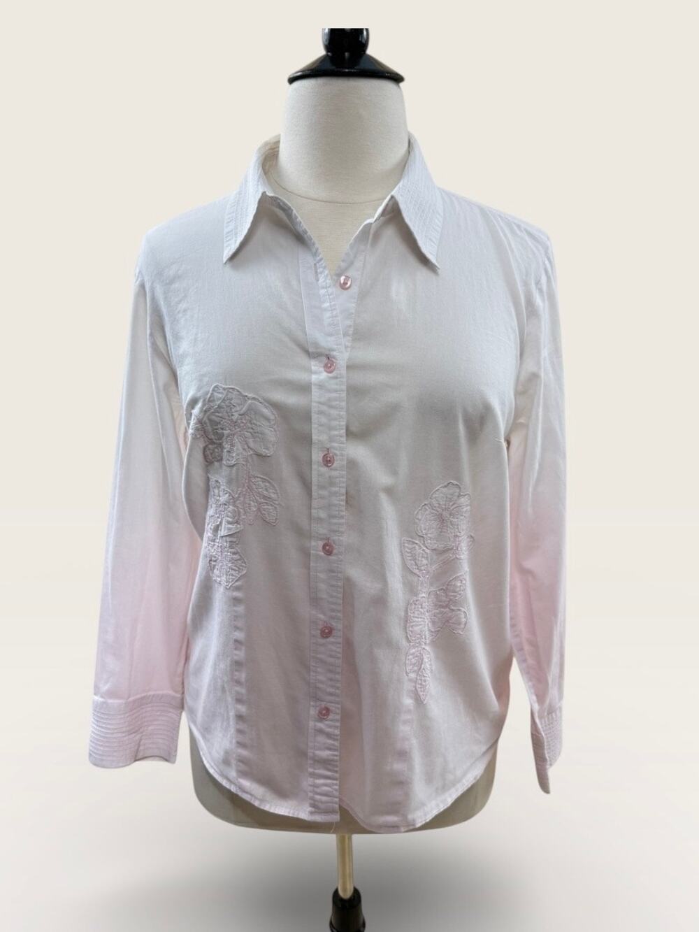 Venezia White & Pink Ombre Button Down with Floral Embroidery, Size 14/16